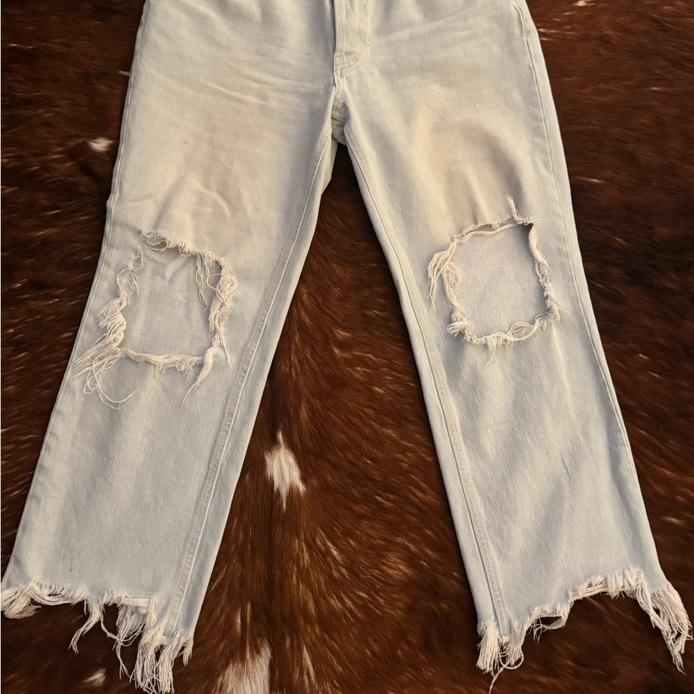 We The Free Blue Straight Leg Jeans with Distressed Details